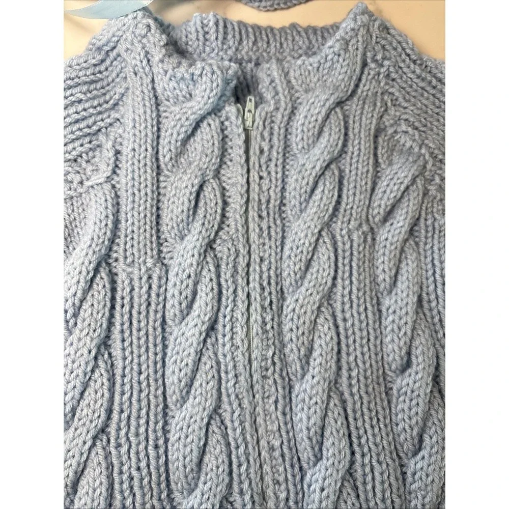 Handknit Baby‎ Sweater Sack Cable Knit Zipper Ribbon Matching Bonnet Boy Blue